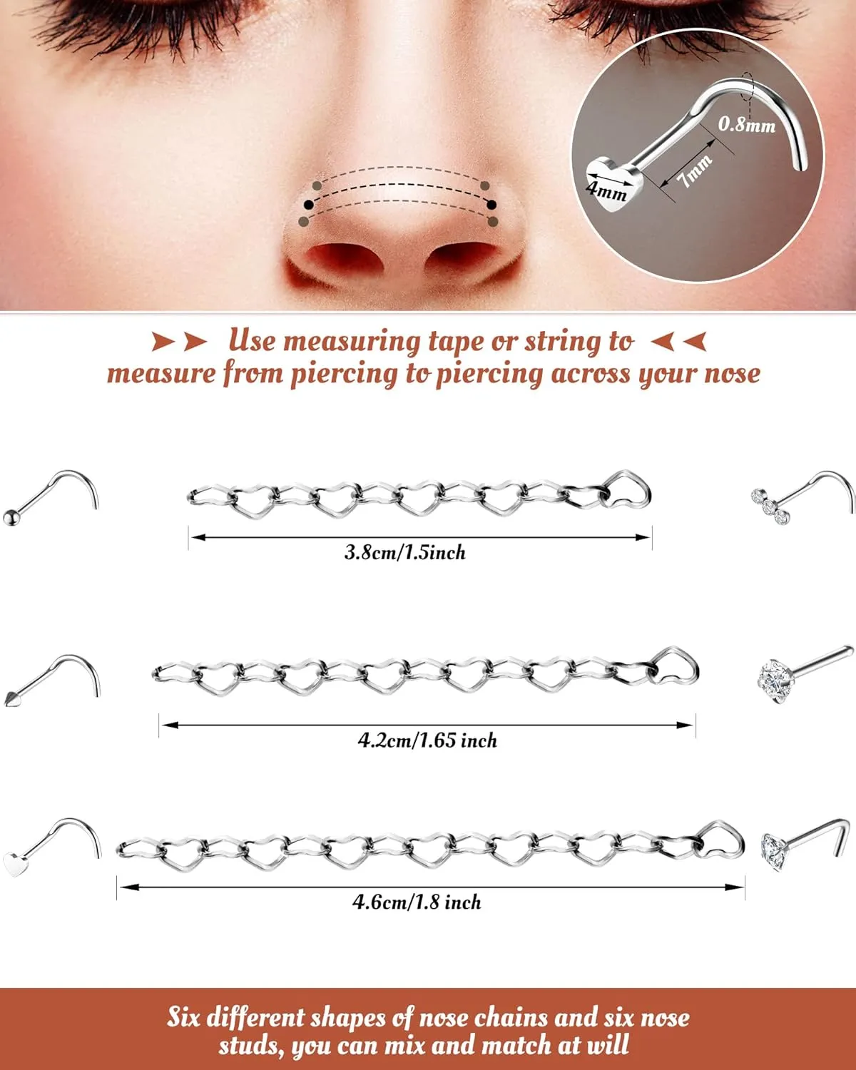 MTLEE Nose Ring Chain Piercing Across Double Nose Stud CZ Heart Ball l Shaped Stainless Steel Piercing Jewelry Nostril Chain for Women Men