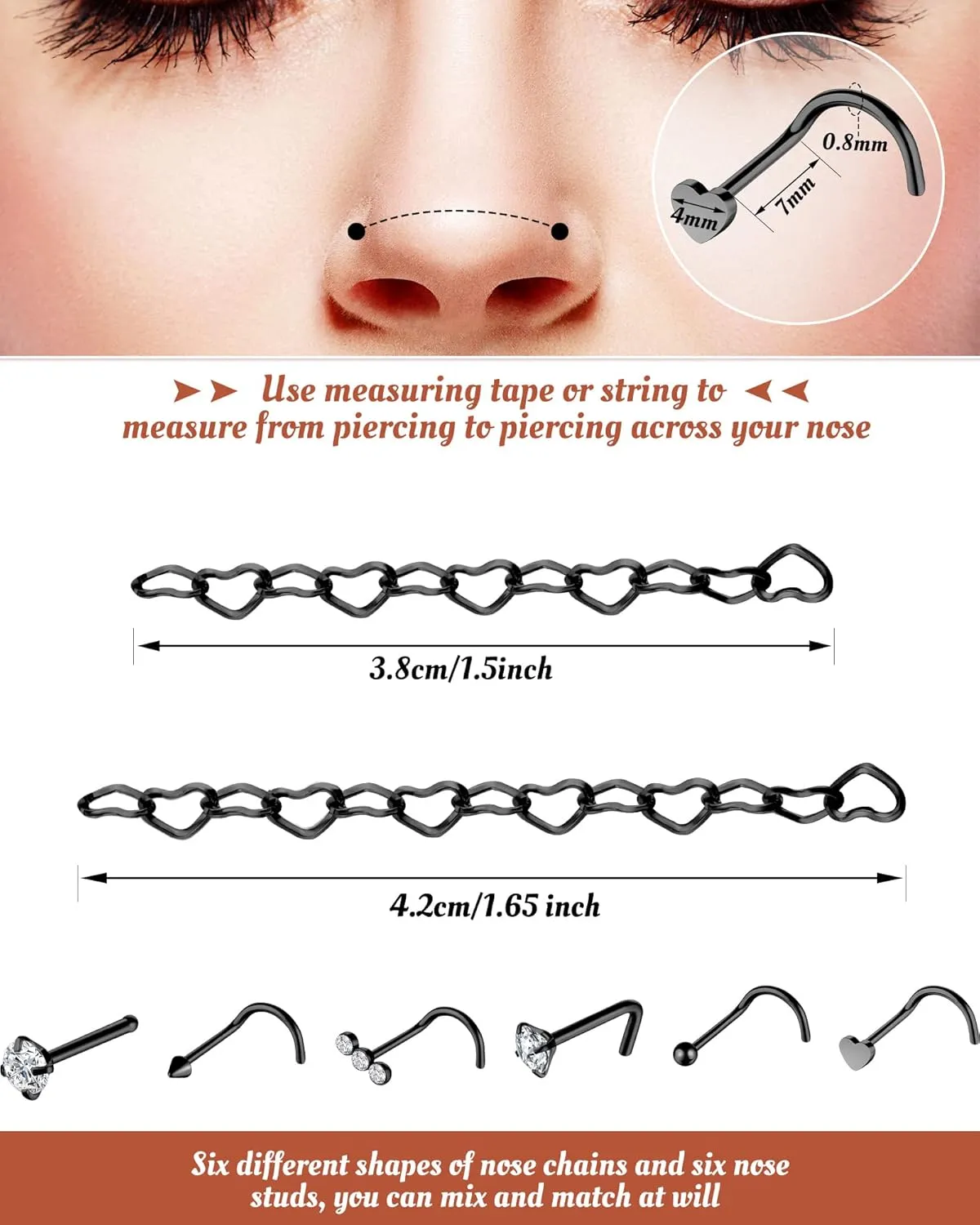 MTLEE Nose Ring Chain Piercing Across Double Nose Stud CZ Heart Ball l Shaped Stainless Steel Piercing Jewelry Nostril Chain for Women Men