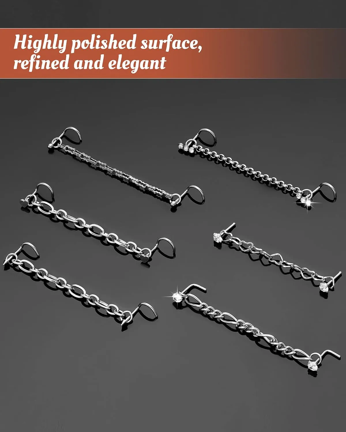 MTLEE Nose Ring Chain Piercing Across Double Nose Stud CZ Heart Ball l Shaped Stainless Steel Piercing Jewelry Nostril Chain for Women Men