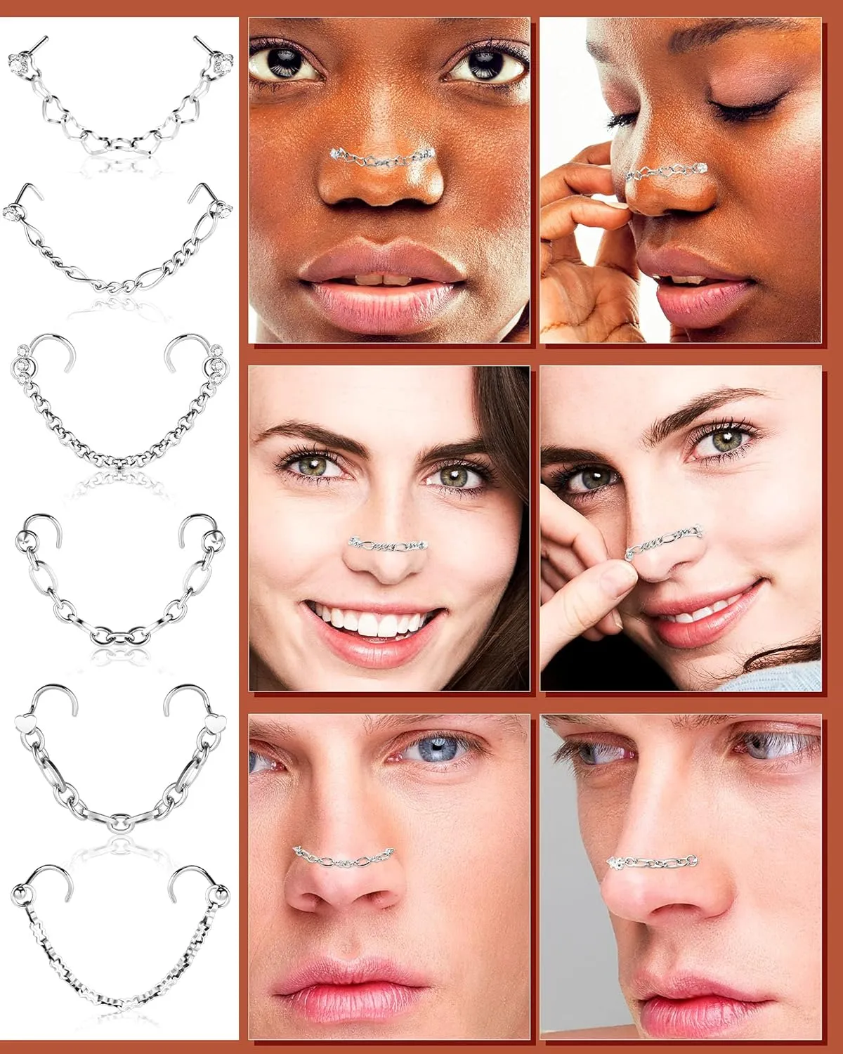 MTLEE Nose Ring Chain Piercing Across Double Nose Stud CZ Heart Ball l Shaped Stainless Steel Piercing Jewelry Nostril Chain for Women Men