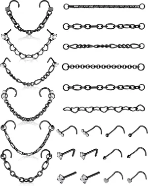 MTLEE Nose Ring Chain Piercing Across Double Nose Stud CZ Heart Ball l Shaped Stainless Steel Piercing Jewelry Nostril Chain for Women Men
