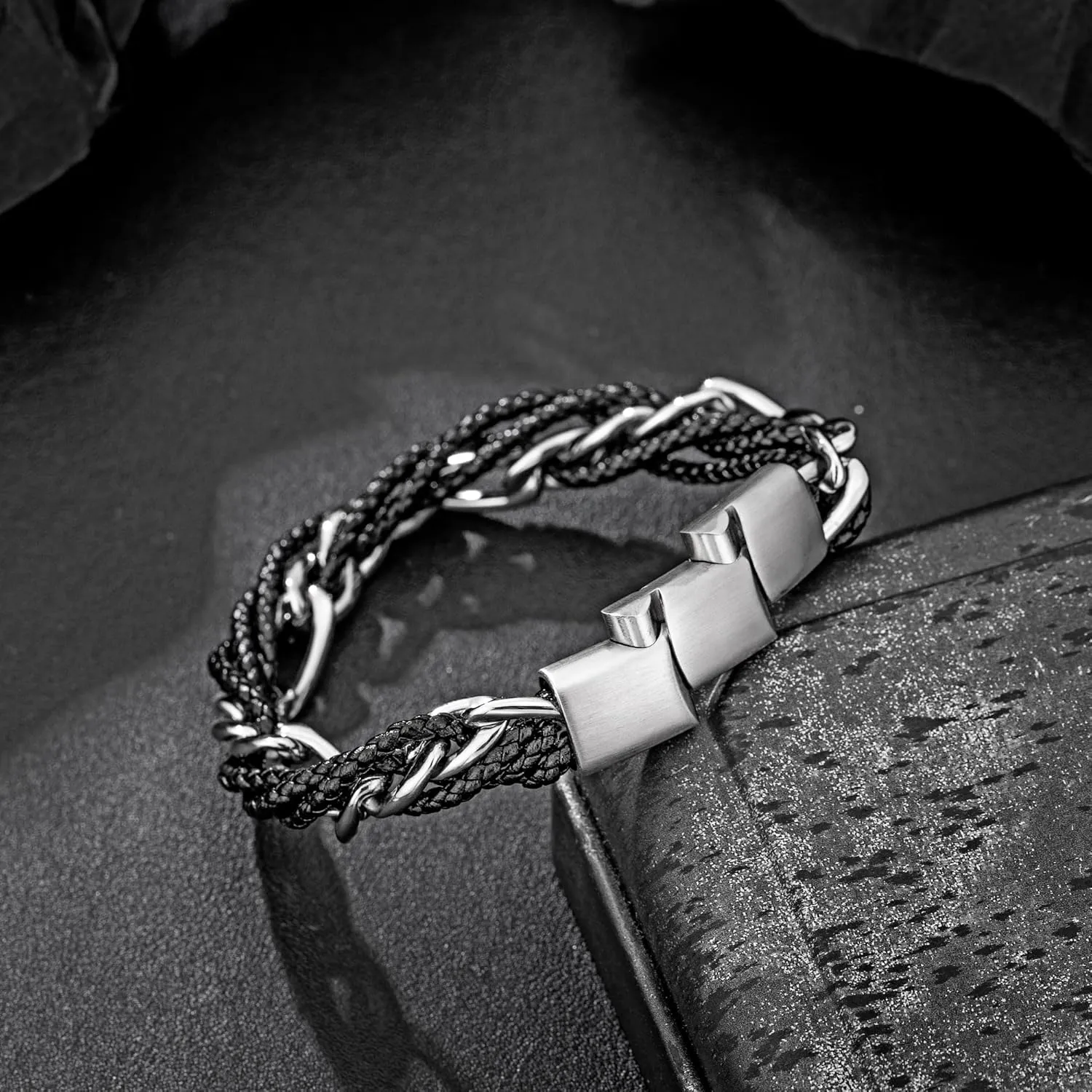 murtoo Mens Bracelet Leather and Steel, Stainless Steel Chain Bracelet with Braided Leather and Magnetic Clasp, Stylish Gift for Men Boys