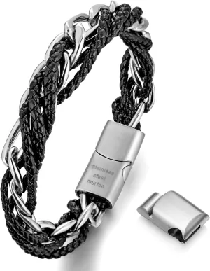 murtoo Mens Bracelet Leather and Steel, Stainless Steel Chain Bracelet with Braided Leather and Magnetic Clasp, Stylish Gift for Men Boys