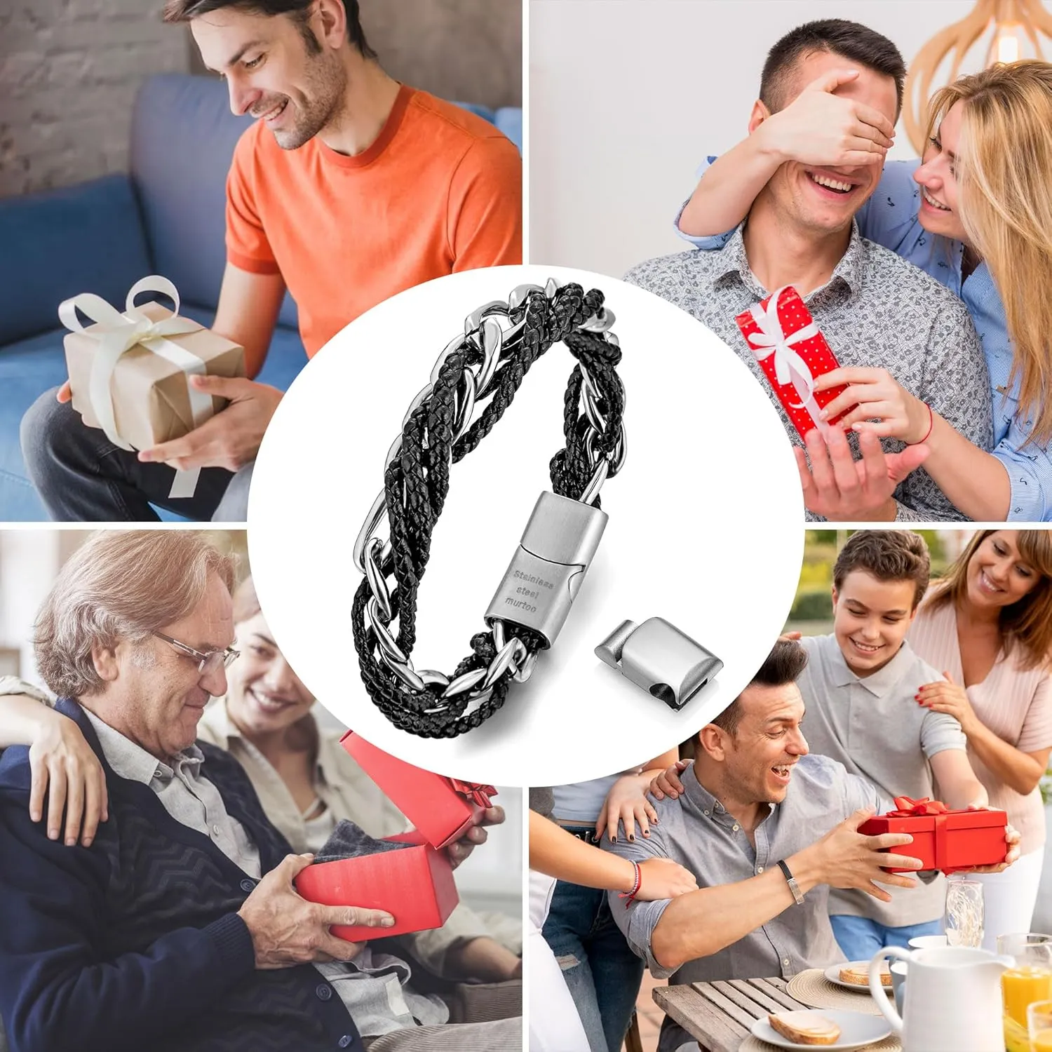 murtoo Mens Bracelet Leather and Steel, Stainless Steel Chain Bracelet with Braided Leather and Magnetic Clasp, Stylish Gift for Men Boys