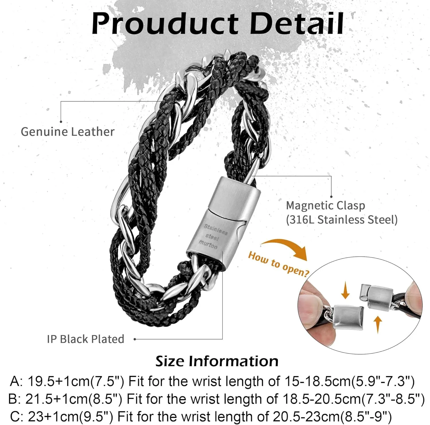 murtoo Mens Bracelet Leather and Steel, Stainless Steel Chain Bracelet with Braided Leather and Magnetic Clasp, Stylish Gift for Men Boys