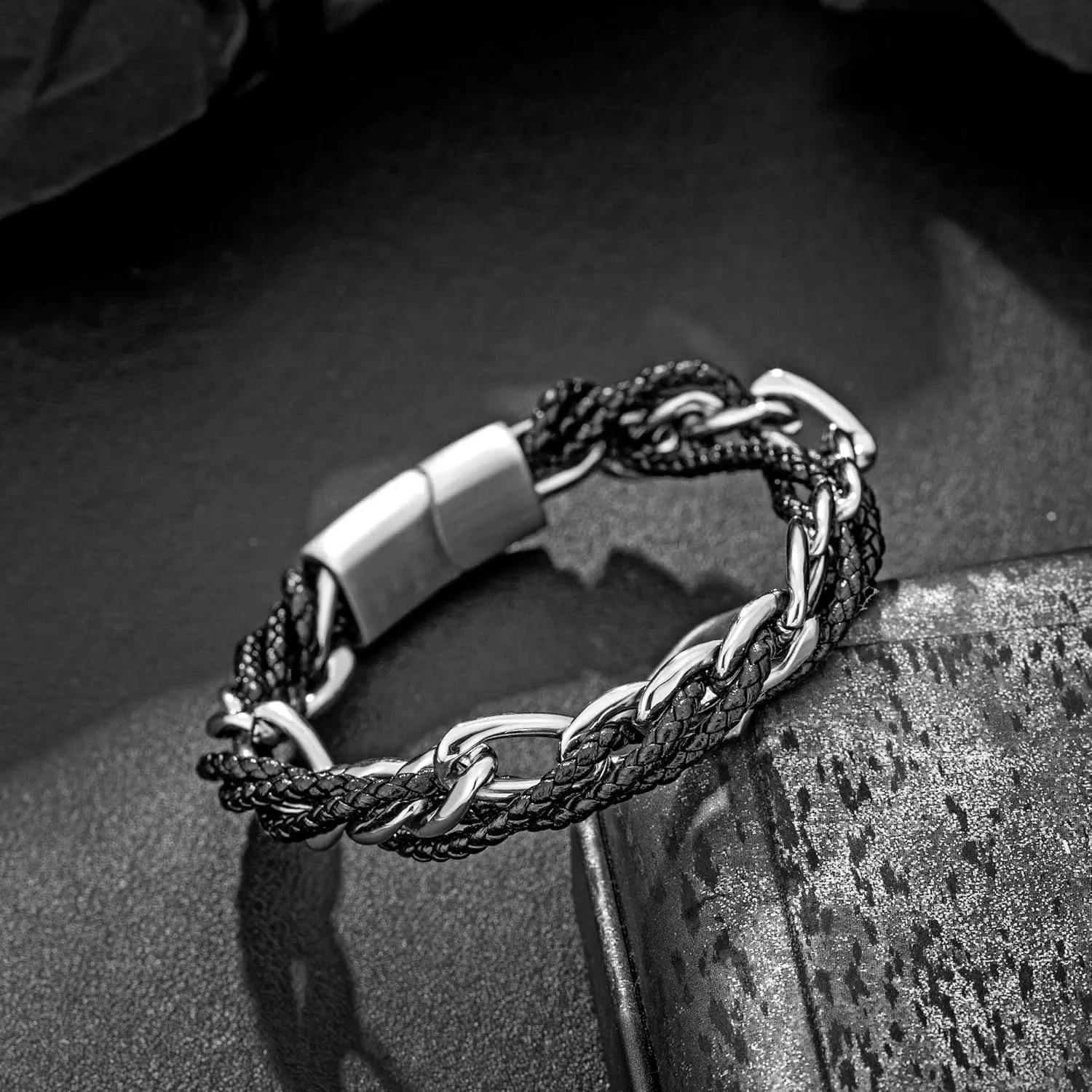 murtoo Mens Bracelet Leather and Steel, Stainless Steel Chain Bracelet with Braided Leather and Magnetic Clasp, Stylish Gift for Men Boys