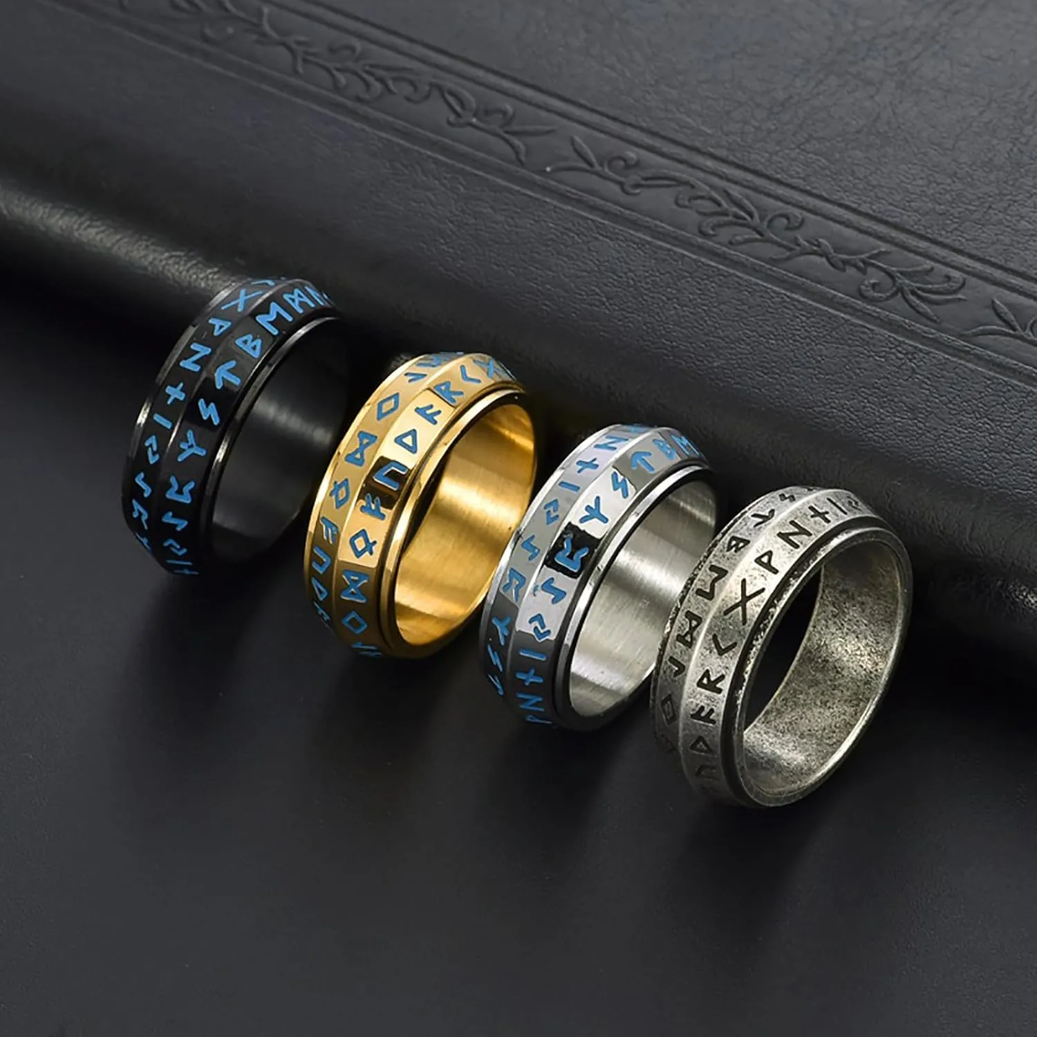 Nanafast 8mm Viking Anxiety Spinner Ring for Men Women Stainless Steel Viking Rings for Men Double Line Viking Rune Fidget Rings Black/Silver/Gold/Retro Men's Viking Jewelry Gift