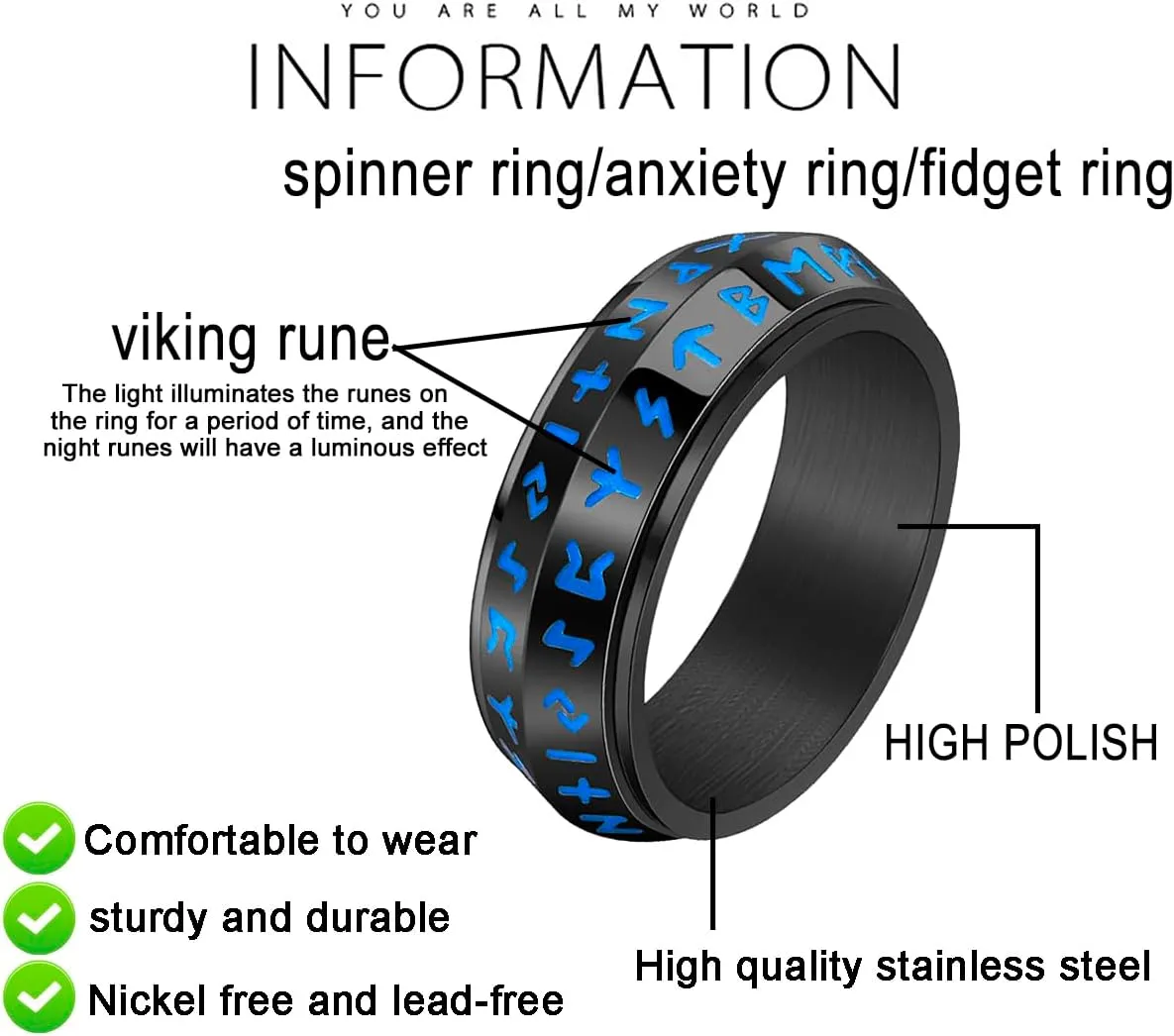 Nanafast 8mm Viking Anxiety Spinner Ring for Men Women Stainless Steel Viking Rings for Men Double Line Viking Rune Fidget Rings Black/Silver/Gold/Retro Men's Viking Jewelry Gift