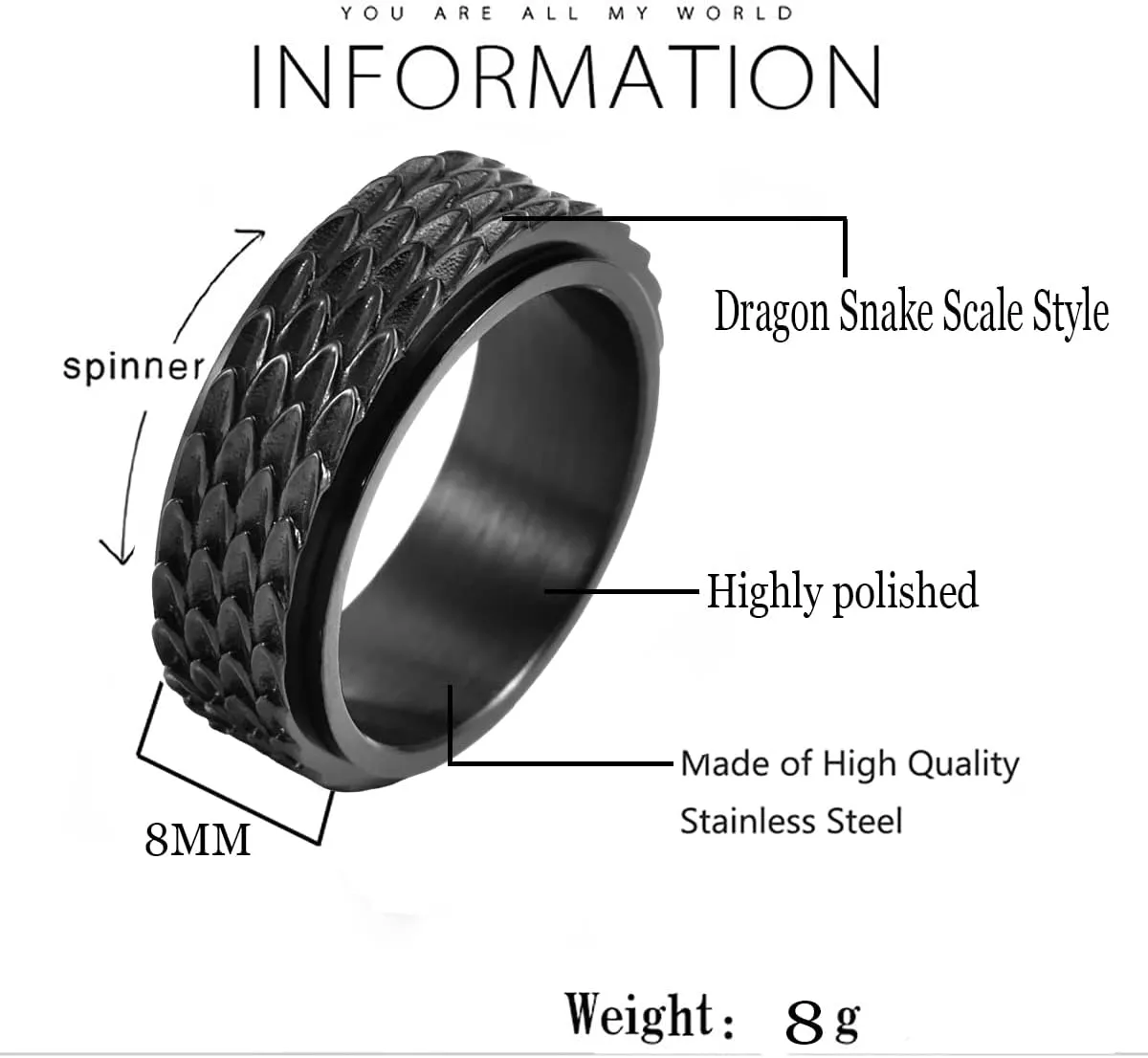 Nanafast Dragon Scale Anxiety Ring for Men Cool Stainless Steel Snake Dragon Scales Spinner Rings Fidget Ring Mens Ring