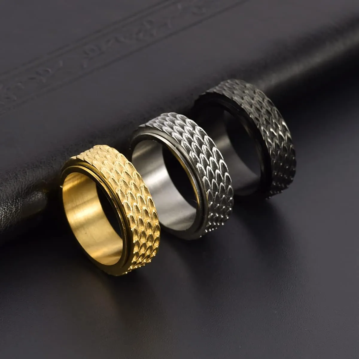 Nanafast Dragon Scale Anxiety Ring for Men Cool Stainless Steel Snake Dragon Scales Spinner Rings Fidget Ring Mens Ring