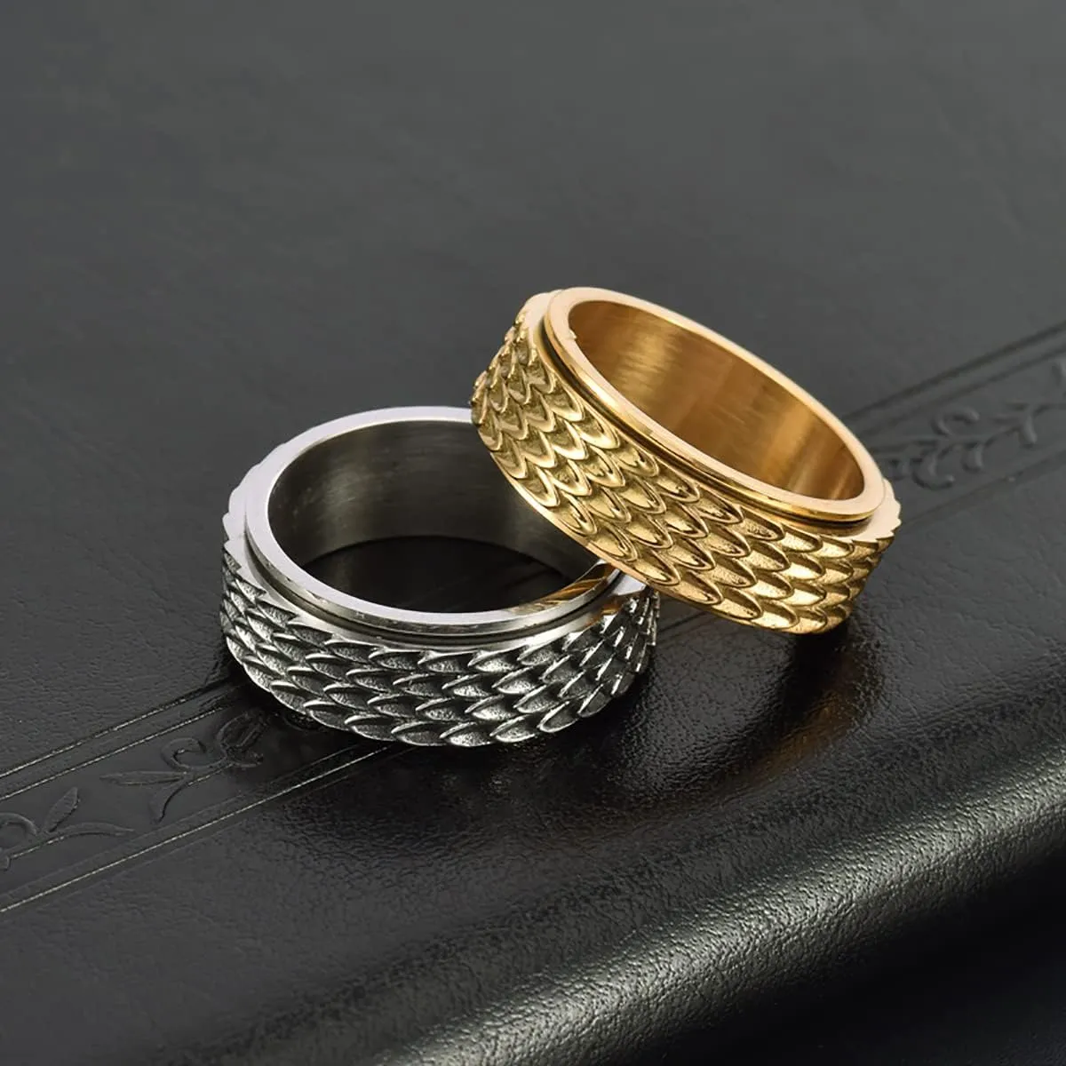 Nanafast Dragon Scale Anxiety Ring for Men Cool Stainless Steel Snake Dragon Scales Spinner Rings Fidget Ring Mens Ring