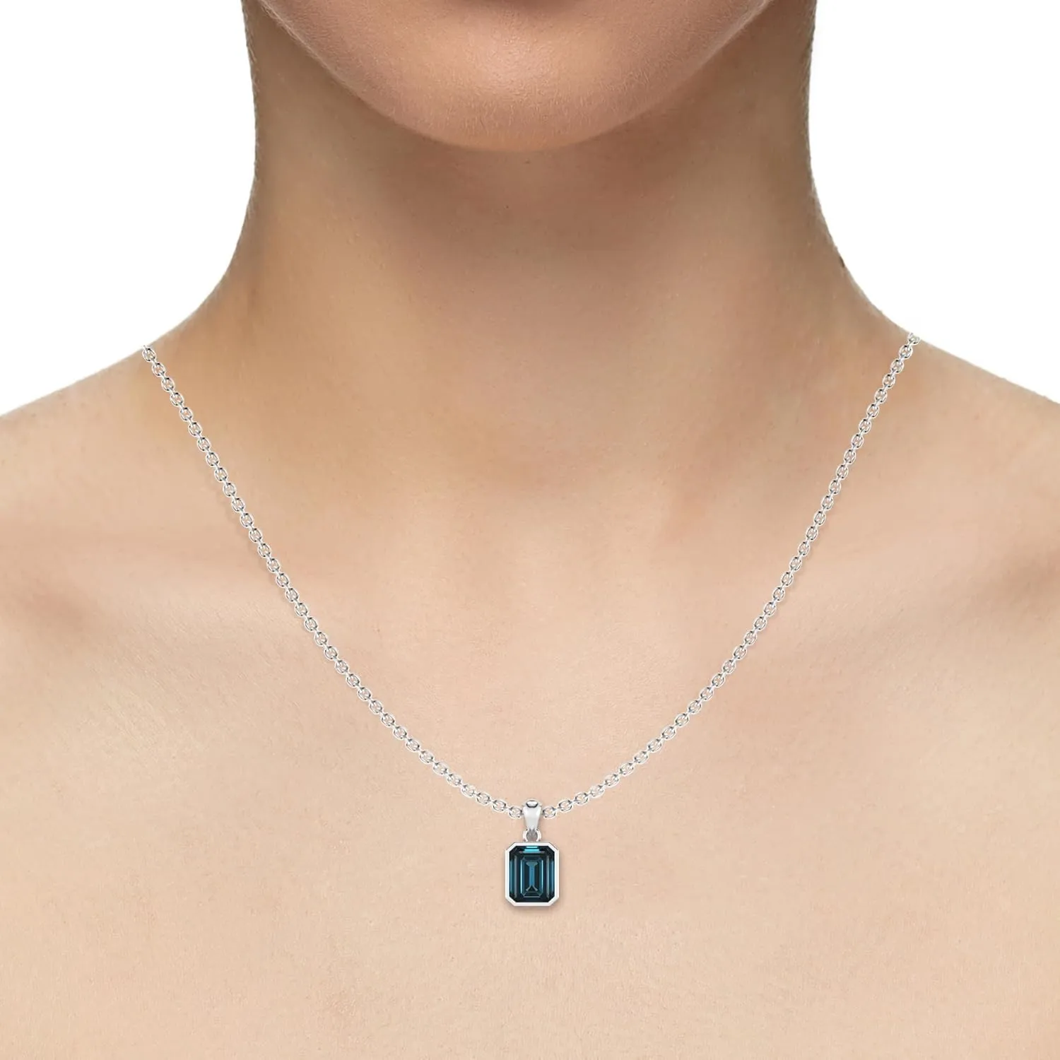 Natural London Blue Topaz Emerald-Cut Solitaire Pendant Necklace for Women in Sterling Silver, November Birthstone Jewelry Gifts for Her Birthday, Anniversary, Christmas, Valentines (Bezel Set)