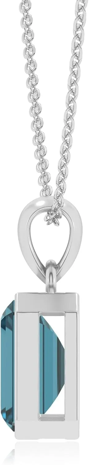 Natural London Blue Topaz Emerald-Cut Solitaire Pendant Necklace for Women in Sterling Silver, November Birthstone Jewelry Gifts for Her Birthday, Anniversary, Christmas, Valentines (Bezel Set)