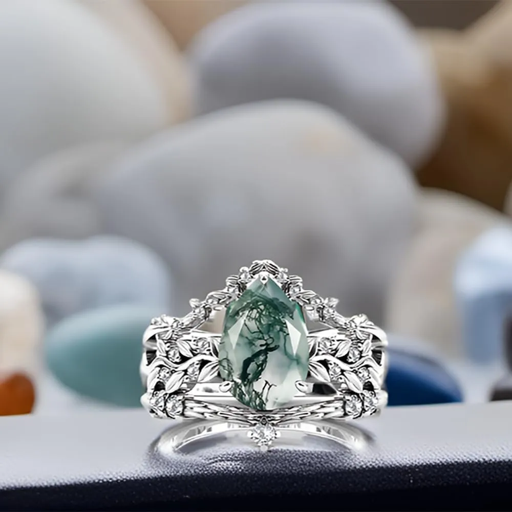 Natural Moss Agate Engagement Black Ring Set for Women 925 Sterling Silver Genuine Green Moss Agate Bridal Rings Set for Her with Engraving Moss Agate Promise Wedding Ring Set Size 4-15