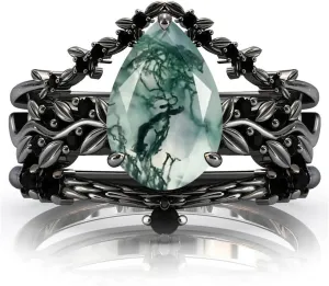 Natural Moss Agate Engagement Black Ring Set for Women 925 Sterling Silver Genuine Green Moss Agate Bridal Rings Set for Her with Engraving Moss Agate Promise Wedding Ring Set Size 4-15