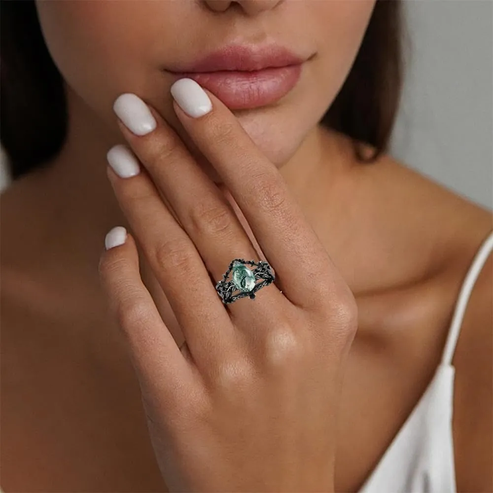 Natural Moss Agate Engagement Black Ring Set for Women 925 Sterling Silver Genuine Green Moss Agate Bridal Rings Set for Her with Engraving Moss Agate Promise Wedding Ring Set Size 4-15