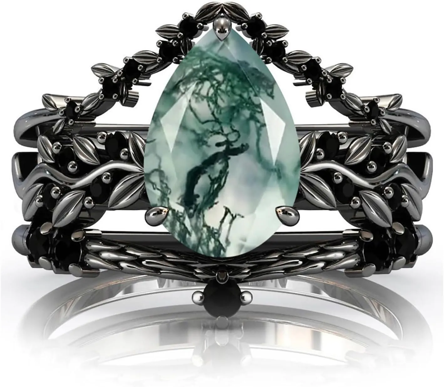 Natural Moss Agate Engagement Black Ring Set for Women 925 Sterling Silver Genuine Green Moss Agate Bridal Rings Set for Her with Engraving Moss Agate Promise Wedding Ring Set Size 4-15