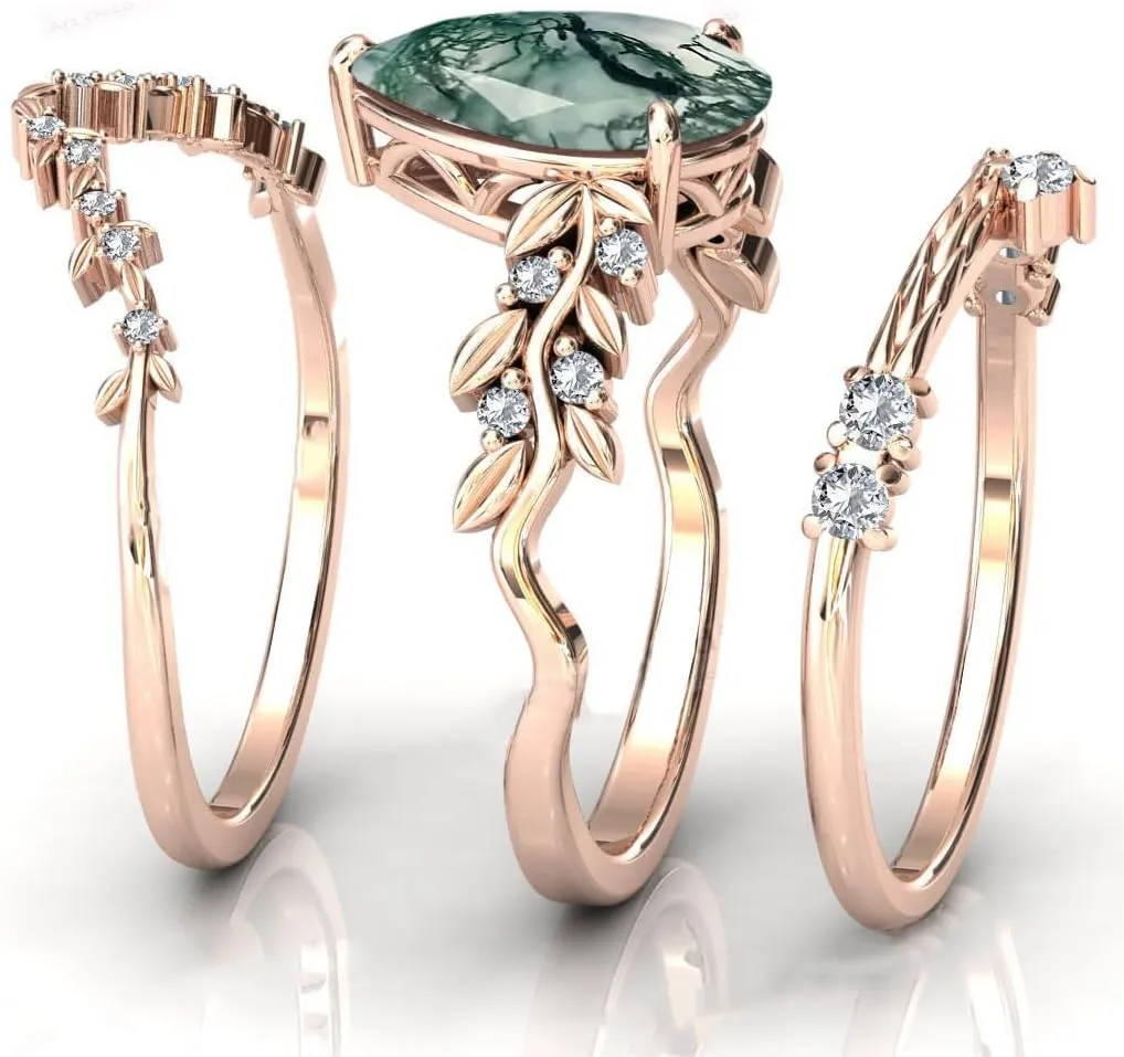 Natural Moss Agate Engagement Black Ring Set for Women 925 Sterling Silver Genuine Green Moss Agate Bridal Rings Set for Her with Engraving Moss Agate Promise Wedding Ring Set Size 4-15