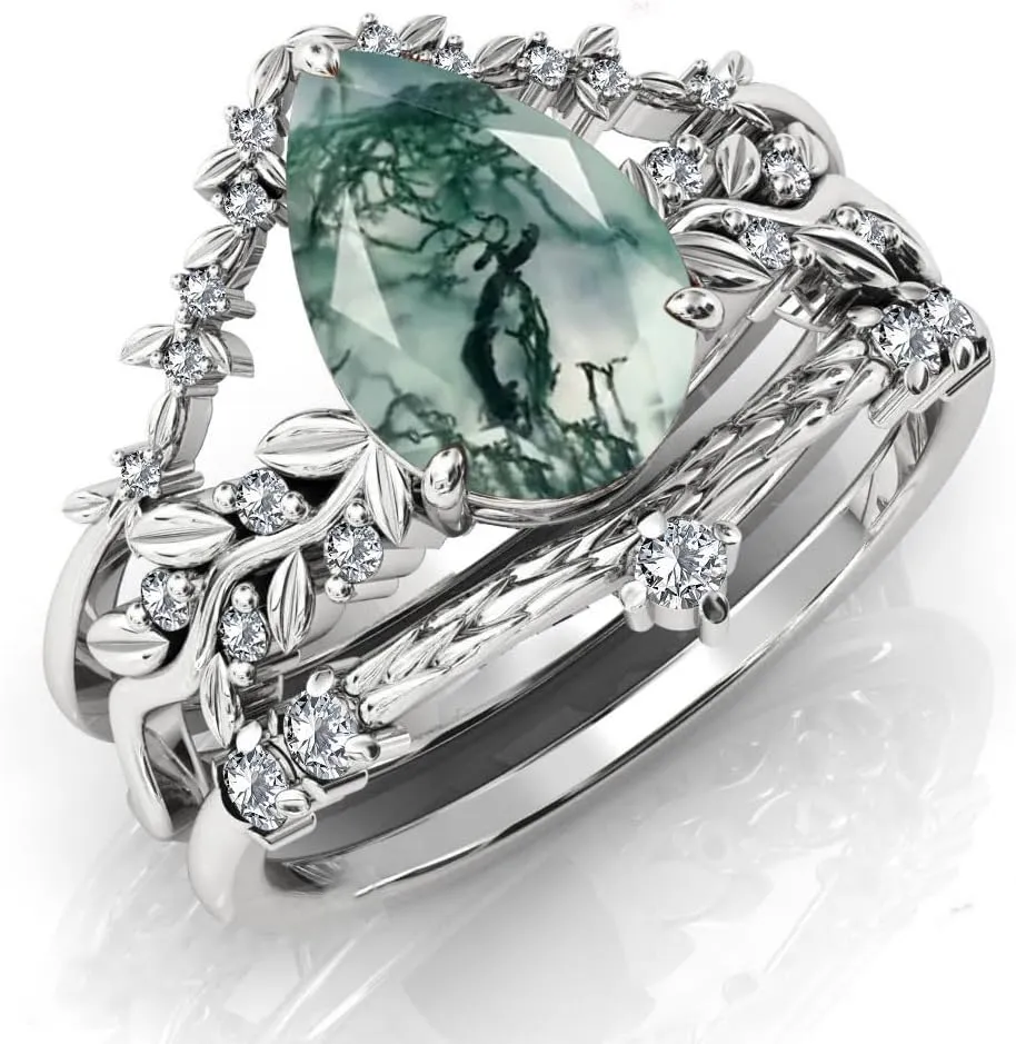 Natural Moss Agate Engagement Black Ring Set for Women 925 Sterling Silver Genuine Green Moss Agate Bridal Rings Set for Her with Engraving Moss Agate Promise Wedding Ring Set Size 4-15