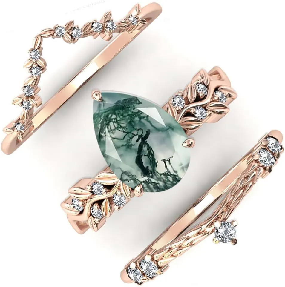 Natural Moss Agate Engagement Black Ring Set for Women 925 Sterling Silver Genuine Green Moss Agate Bridal Rings Set for Her with Engraving Moss Agate Promise Wedding Ring Set Size 4-15