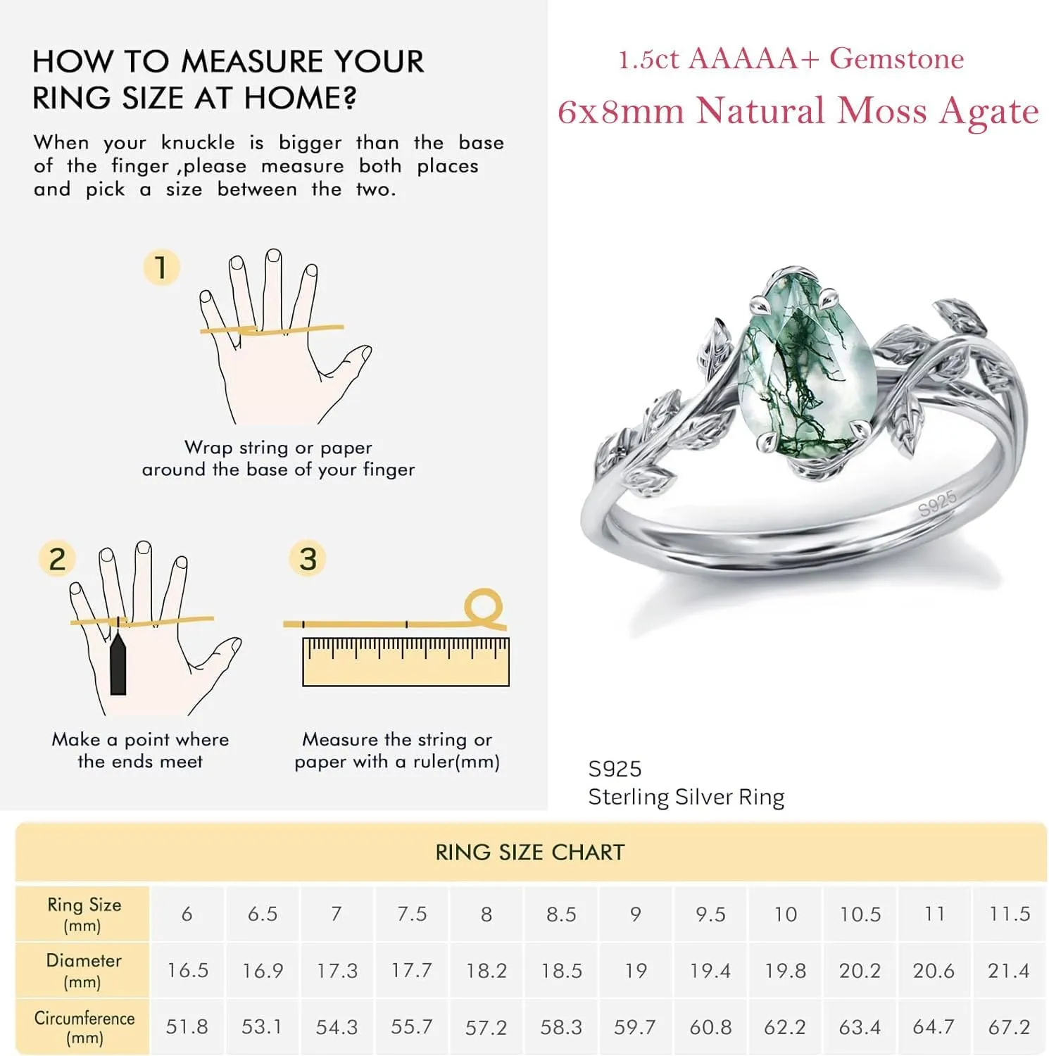 Natural Moss Agate Ring 925 Sterling Silver Opal Birthstone Ring 925 Sterling Silver Leaf Promise Ring for Her Birthday Anniversary Jewelry for Women