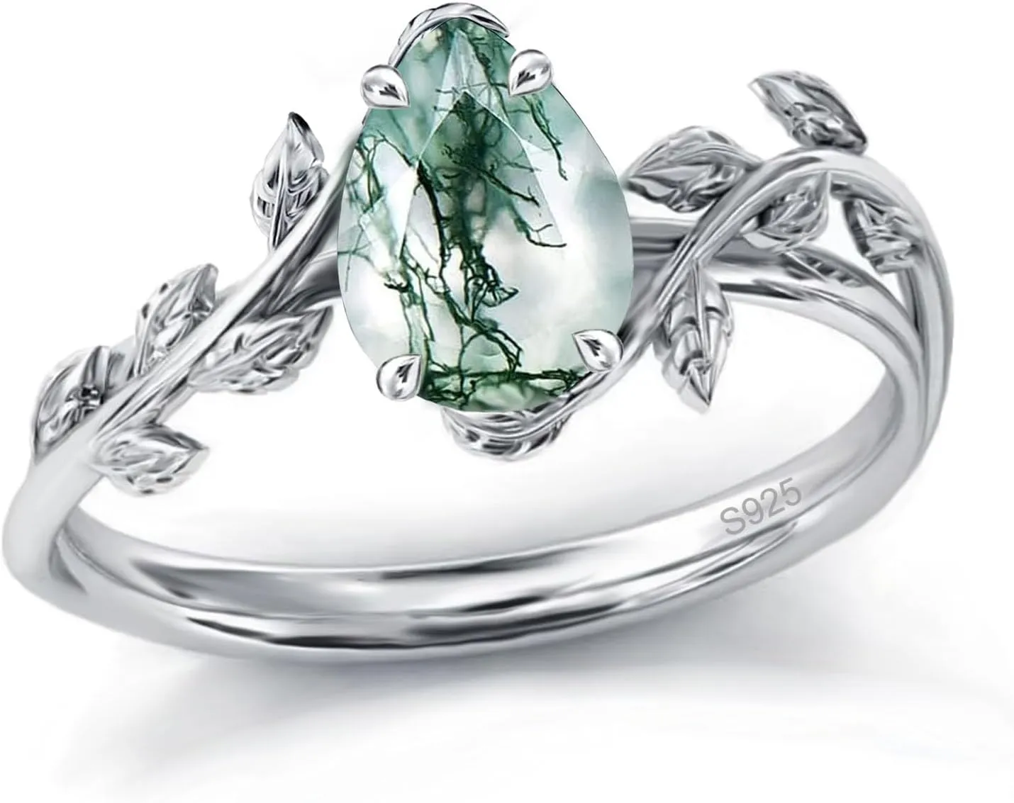 Natural Moss Agate Ring 925 Sterling Silver Opal Birthstone Ring 925 Sterling Silver Leaf Promise Ring for Her Birthday Anniversary Jewelry for Women