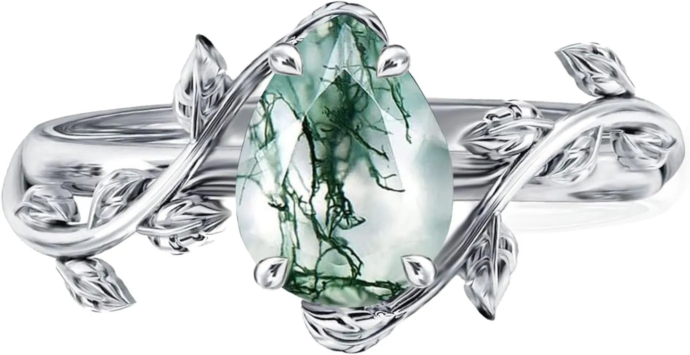 Natural Moss Agate Ring 925 Sterling Silver Opal Birthstone Ring 925 Sterling Silver Leaf Promise Ring for Her Birthday Anniversary Jewelry for Women