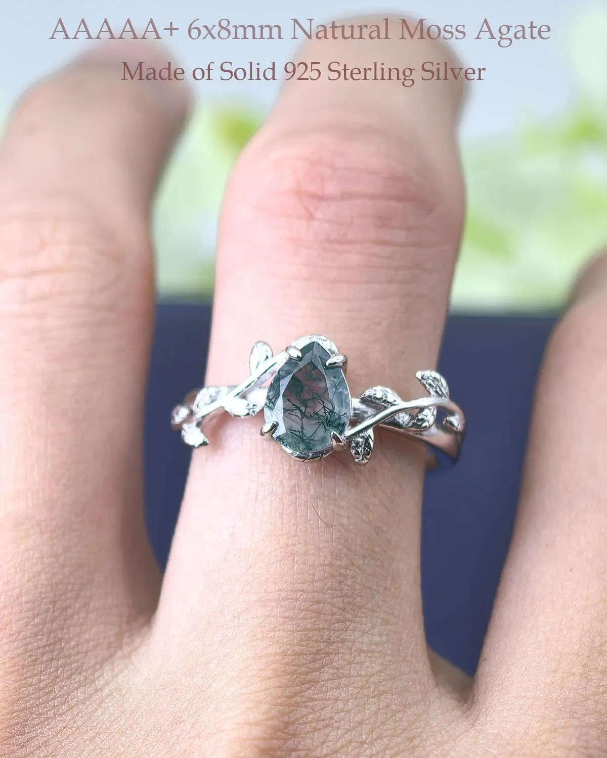Natural Moss Agate Ring 925 Sterling Silver Opal Birthstone Ring 925 Sterling Silver Leaf Promise Ring for Her Birthday Anniversary Jewelry for Women