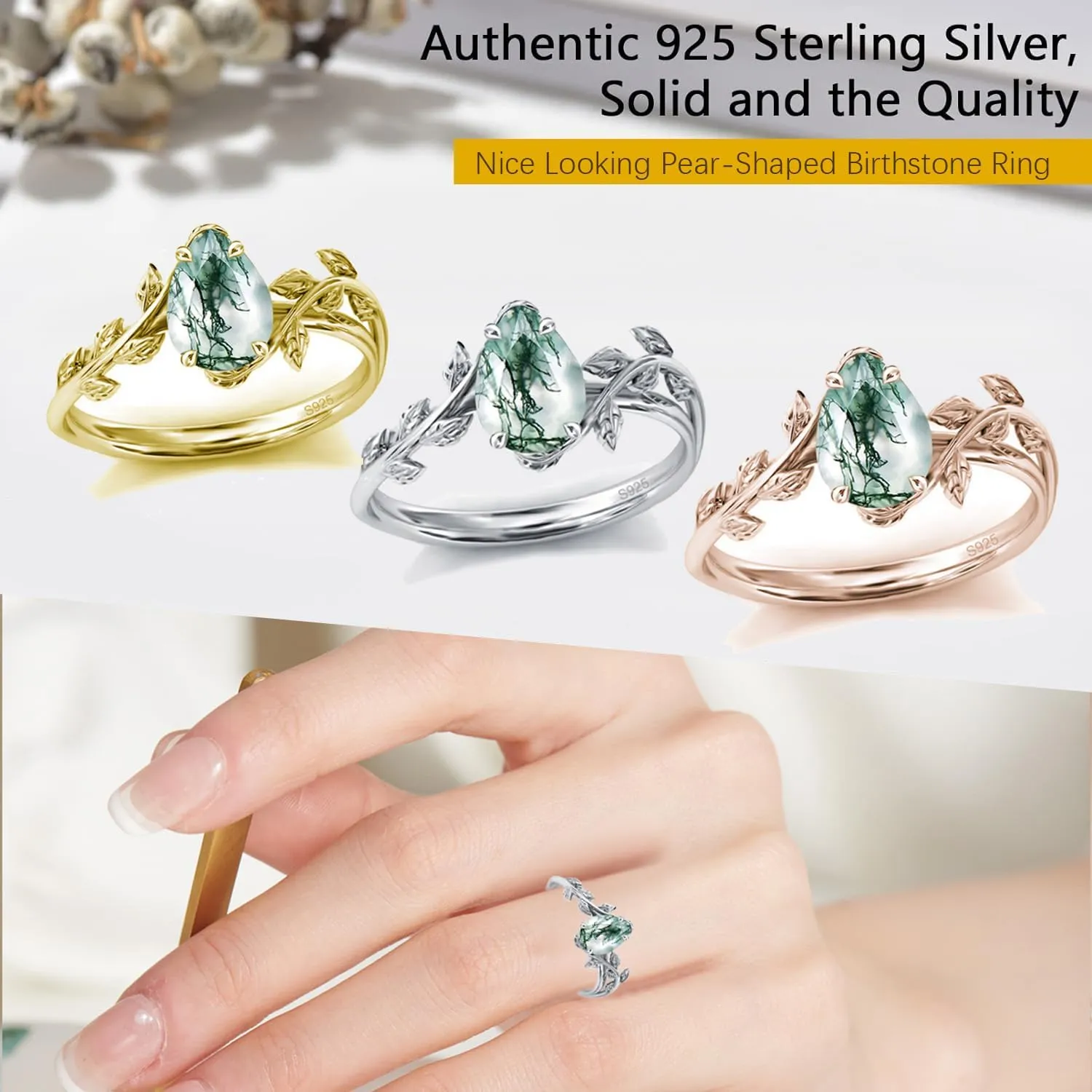 Natural Moss Agate Ring 925 Sterling Silver Opal Birthstone Ring 925 Sterling Silver Leaf Promise Ring for Her Birthday Anniversary Jewelry for Women