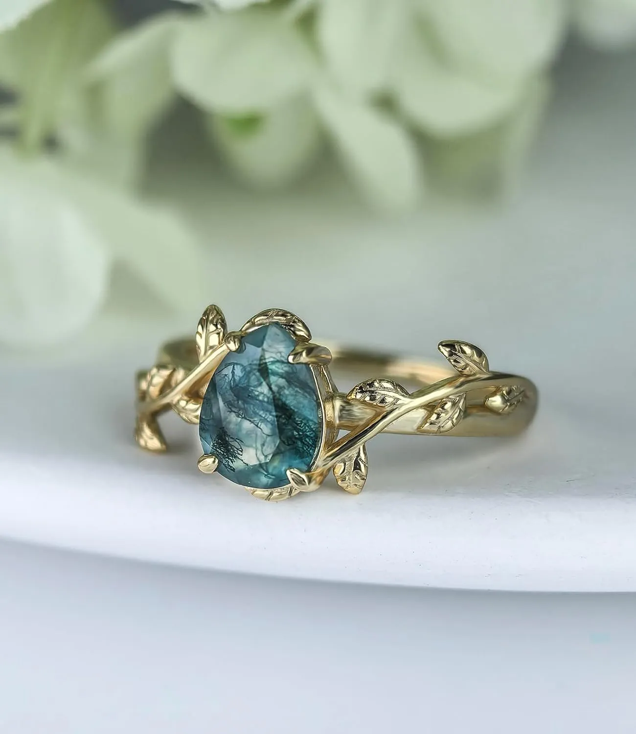 Natural Moss Agate Ring 925 Sterling Silver Opal Birthstone Ring 925 Sterling Silver Leaf Promise Ring for Her Birthday Anniversary Jewelry for Women