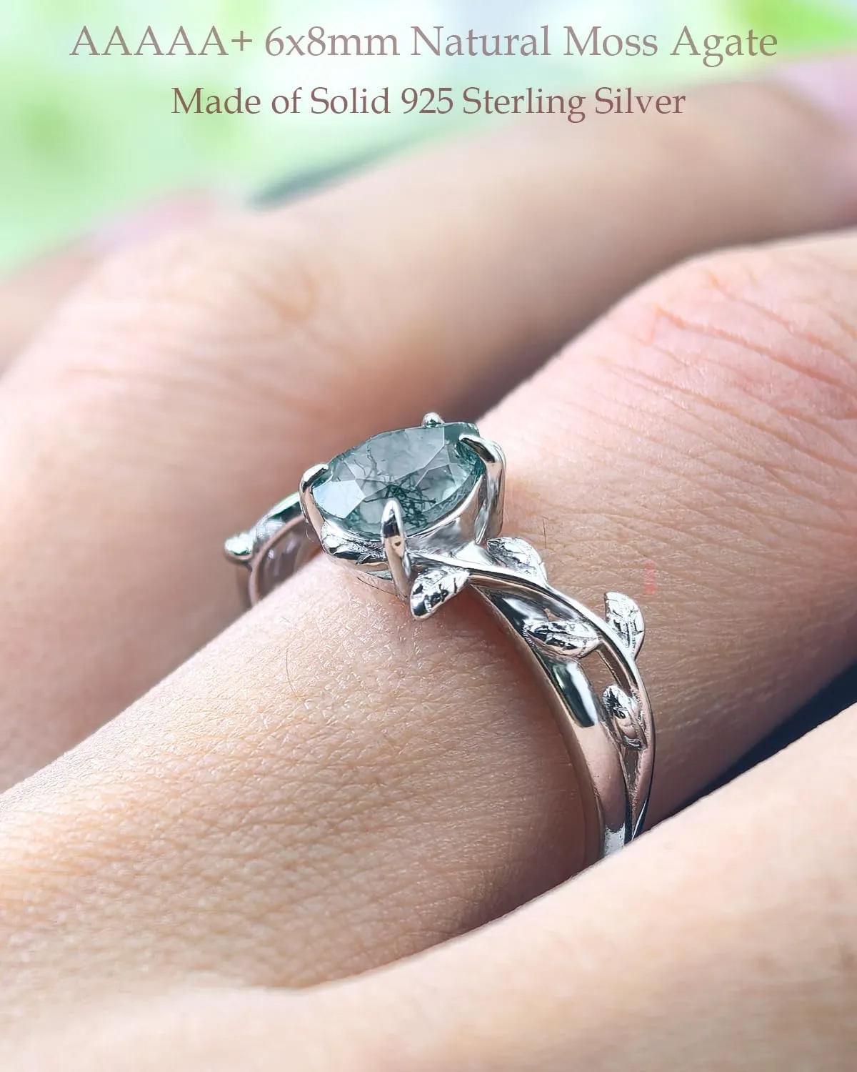 Natural Moss Agate Ring 925 Sterling Silver Opal Birthstone Ring 925 Sterling Silver Leaf Promise Ring for Her Birthday Anniversary Jewelry for Women