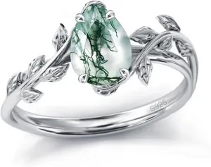 Natural Moss Agate Ring 925 Sterling Silver Opal Birthstone Ring 925 Sterling Silver Leaf Promise Ring for Her Birthday Anniversary Jewelry for Women