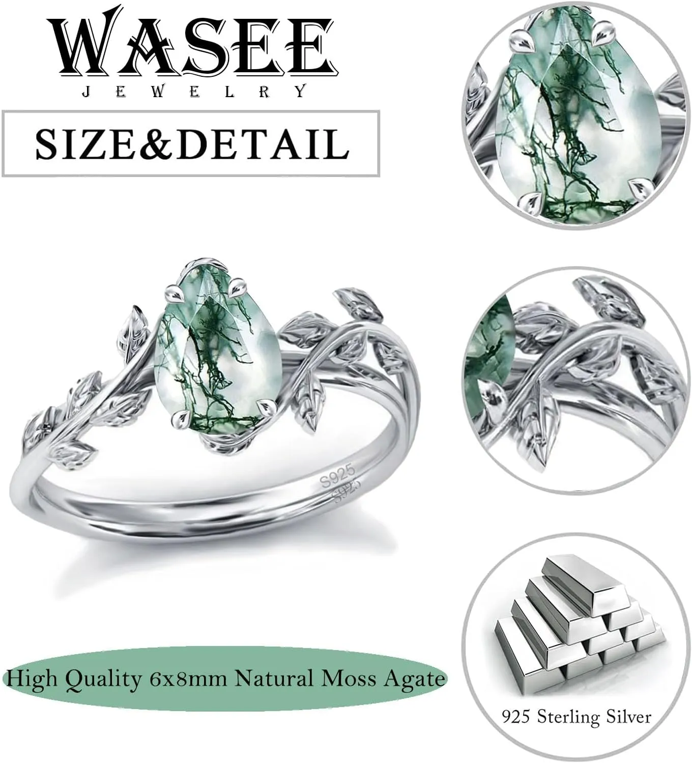 Natural Moss Agate Ring 925 Sterling Silver Opal Birthstone Ring 925 Sterling Silver Leaf Promise Ring for Her Birthday Anniversary Jewelry for Women