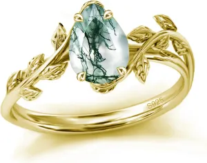 Natural Moss Agate Ring 925 Sterling Silver Opal Birthstone Ring 925 Sterling Silver Leaf Promise Ring for Her Birthday Anniversary Jewelry for Women