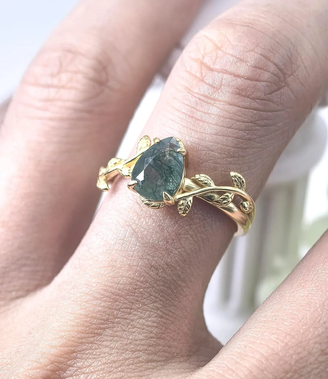 Natural Moss Agate Ring 925 Sterling Silver Opal Birthstone Ring 925 Sterling Silver Leaf Promise Ring for Her Birthday Anniversary Jewelry for Women