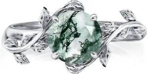 Natural Moss Agate Ring for Women 925 Sterling Silver Green Moss Agate Engagement Wedding Promise Ring Jewelry Gifts for Women