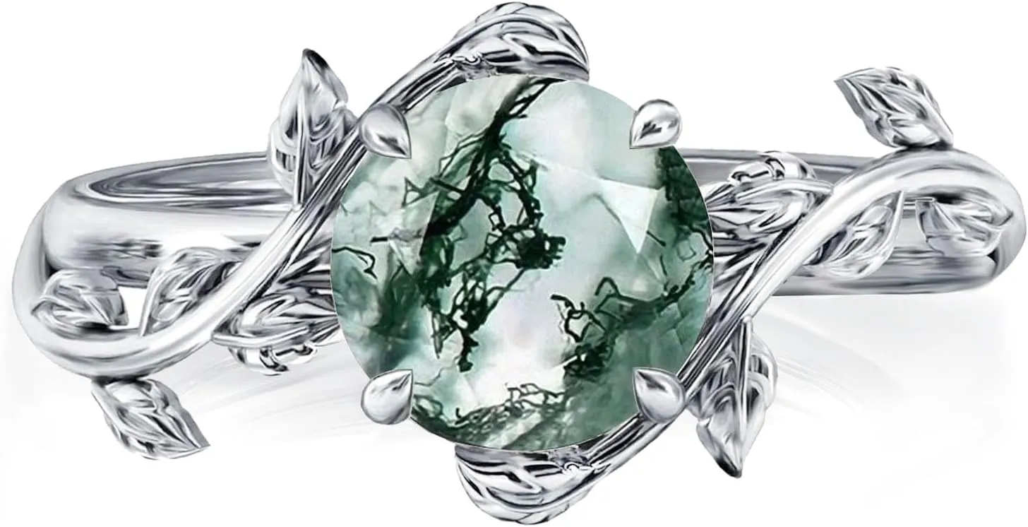 Natural Moss Agate Ring for Women 925 Sterling Silver Green Moss Agate Engagement Wedding Promise Ring Jewelry Gifts for Women