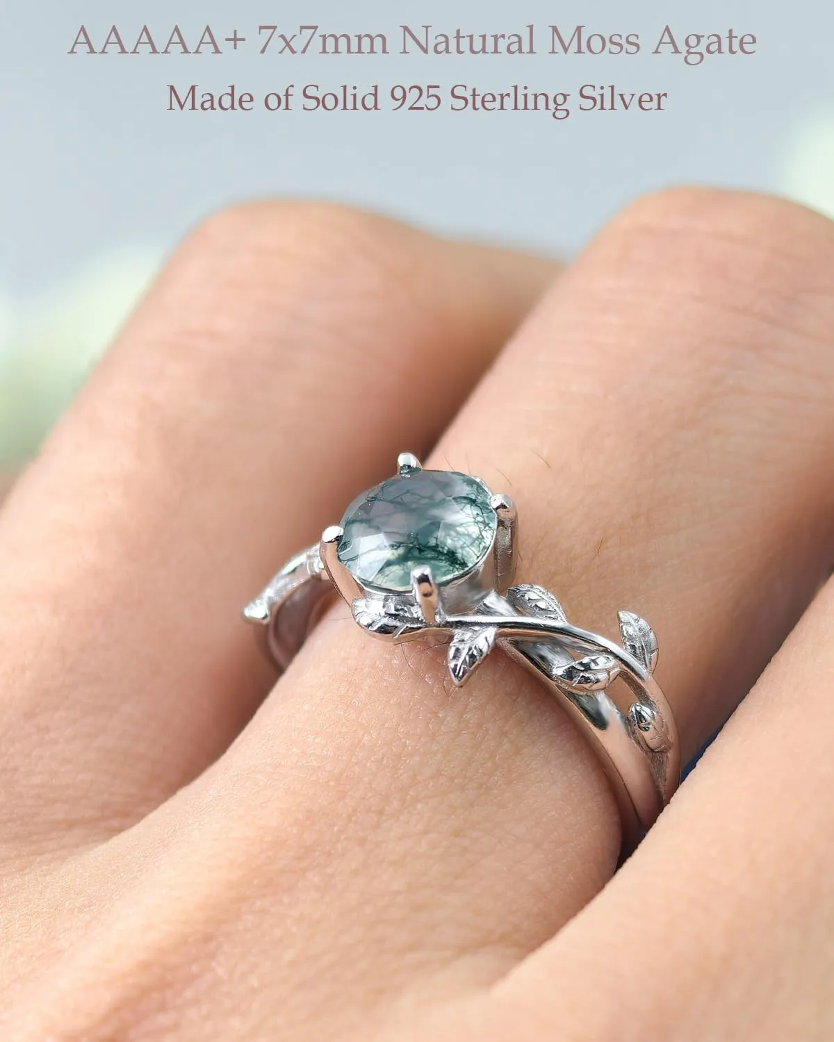 Natural Moss Agate Ring for Women 925 Sterling Silver Green Moss Agate Engagement Wedding Promise Ring Jewelry Gifts for Women