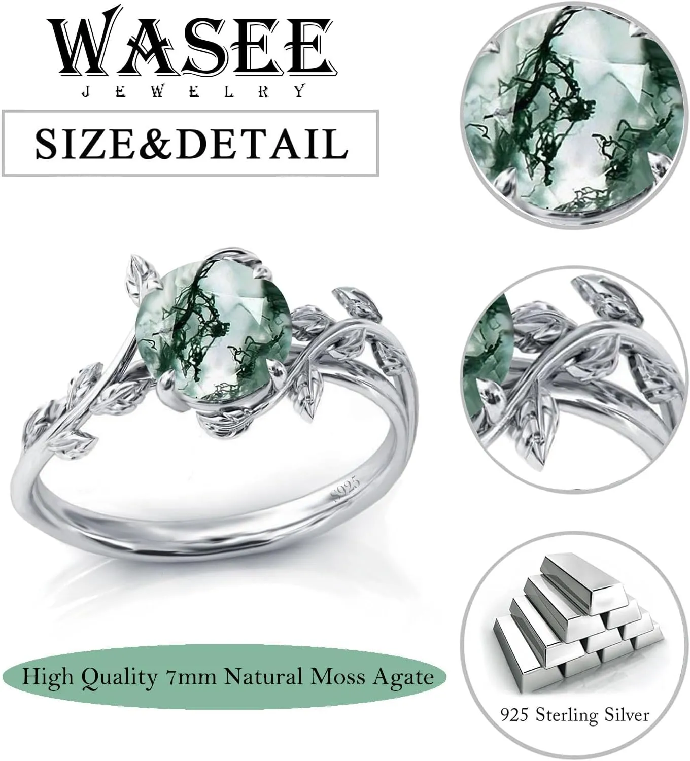Natural Moss Agate Ring for Women 925 Sterling Silver Green Moss Agate Engagement Wedding Promise Ring Jewelry Gifts for Women