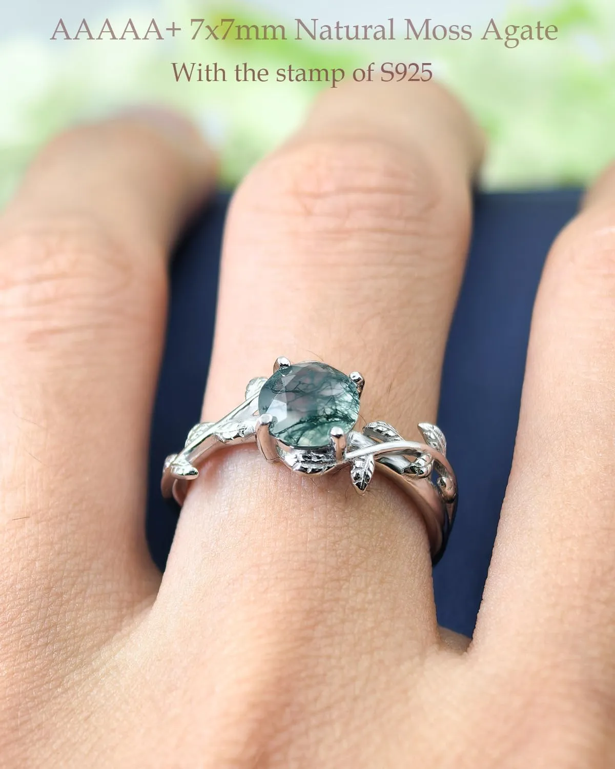 Natural Moss Agate Ring for Women 925 Sterling Silver Green Moss Agate Engagement Wedding Promise Ring Jewelry Gifts for Women