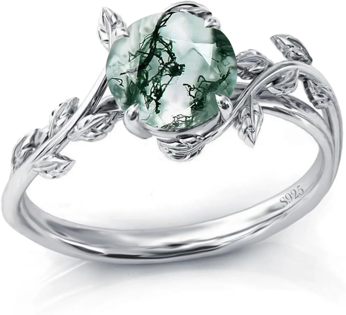 Natural Moss Agate Ring for Women 925 Sterling Silver Green Moss Agate Engagement Wedding Promise Ring Jewelry Gifts for Women