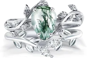 Natural Moss Agate Ring Set 925 Sterling Silver and Pear Birthstone Ring Set Leaf Birthday Engagement Wedding Promise Ring for Her Birthday Christmas Jewelry Gift for Women