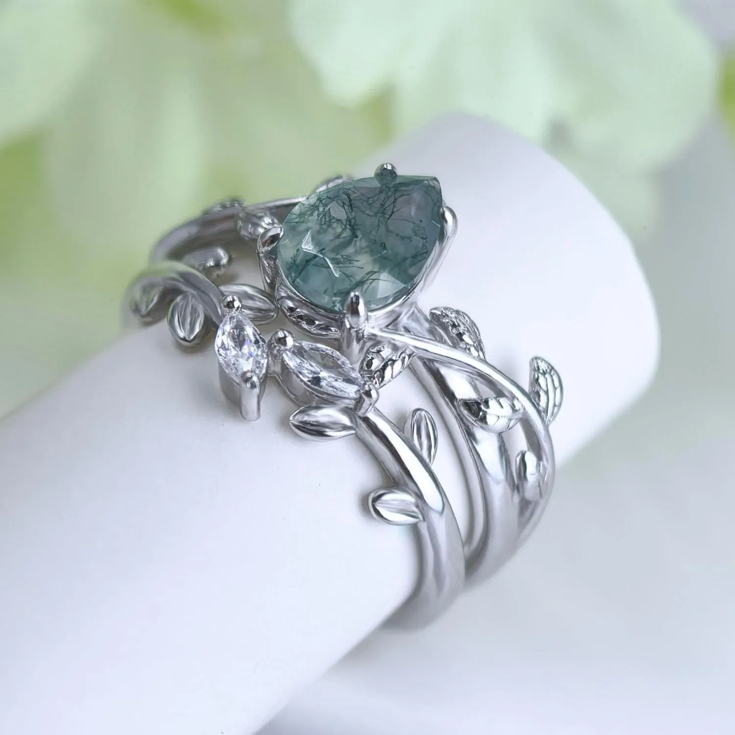 Natural Moss Agate Ring Set 925 Sterling Silver and Pear Birthstone Ring Set Leaf Birthday Engagement Wedding Promise Ring for Her Birthday Christmas Jewelry Gift for Women