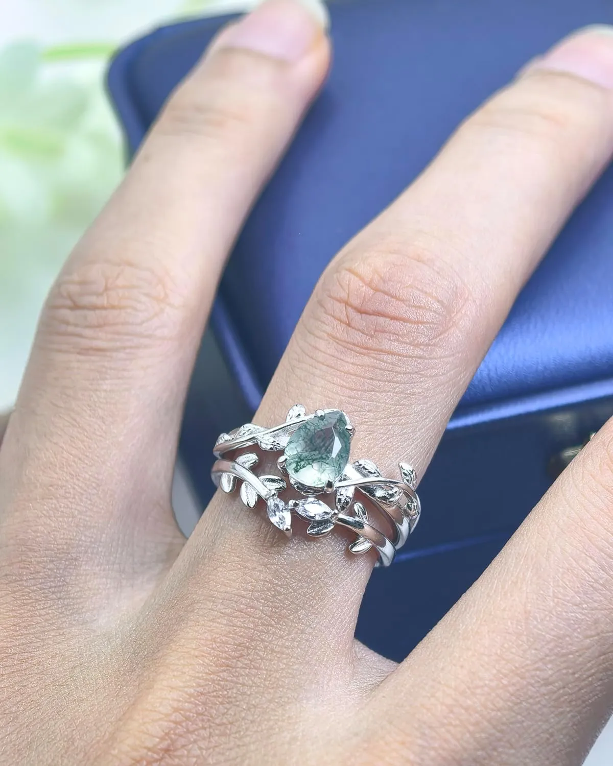 Natural Moss Agate Ring Set 925 Sterling Silver and Pear Birthstone Ring Set Leaf Birthday Engagement Wedding Promise Ring for Her Birthday Christmas Jewelry Gift for Women