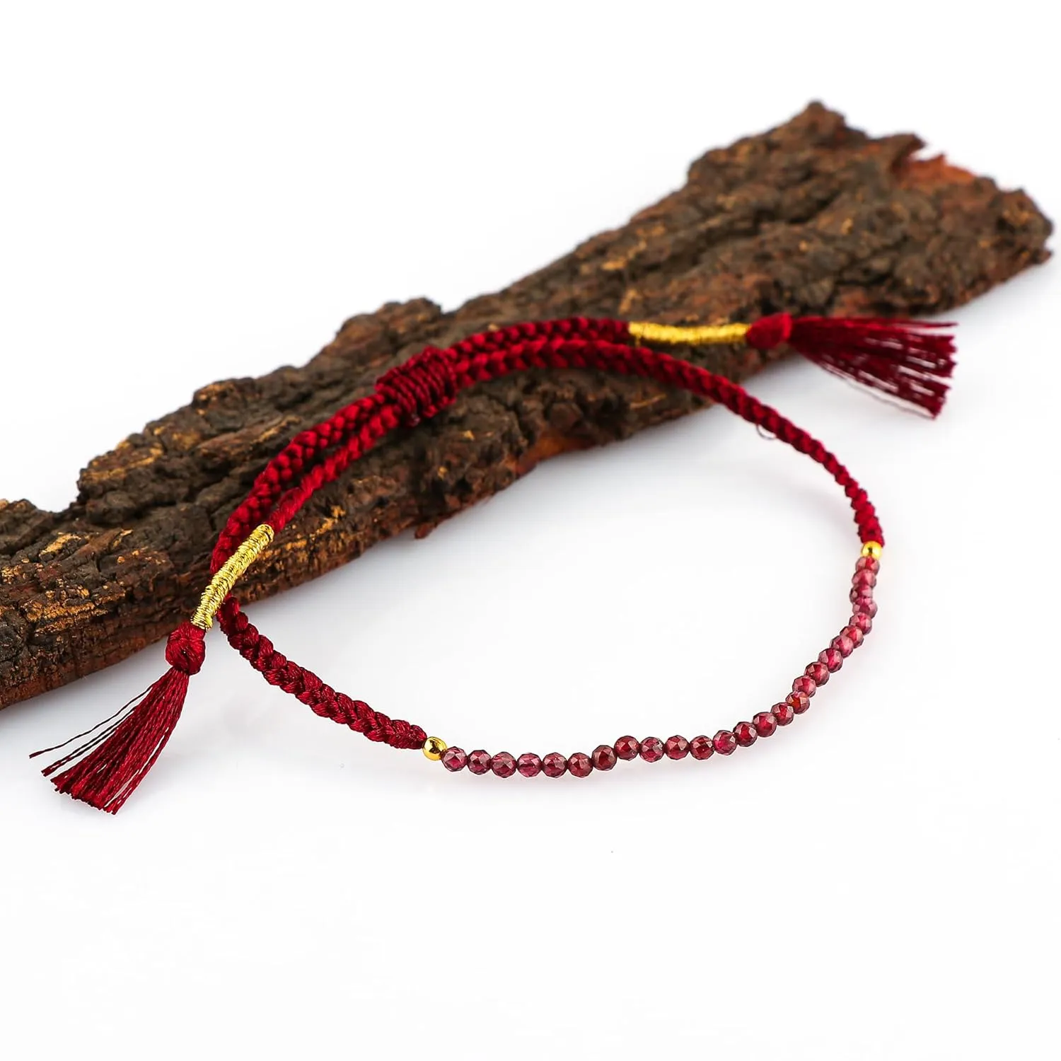 Natural Red Garnet Beads Braided Bracelet, Energy Healing Crystals, Birthday, Resizable Hand Braid Rope Thread Protection, for Men, Women, Gemstone Jewelry 7 inch, Valentine Day Gift (Red Garnet)