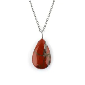 Natural Red Jasper Pear Cabochon Necklace, Gemstone Healing Crystals, Gift for Her, Birthstone Jewelry, 18 inch Black Plated Adjustable Chain, Valentine Day Gift