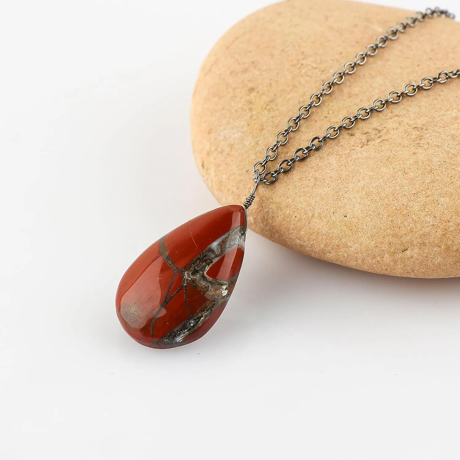 Natural Red Jasper Pear Cabochon Necklace, Gemstone Healing Crystals, Gift for Her, Birthstone Jewelry, 18 inch Black Plated Adjustable Chain, Valentine Day Gift