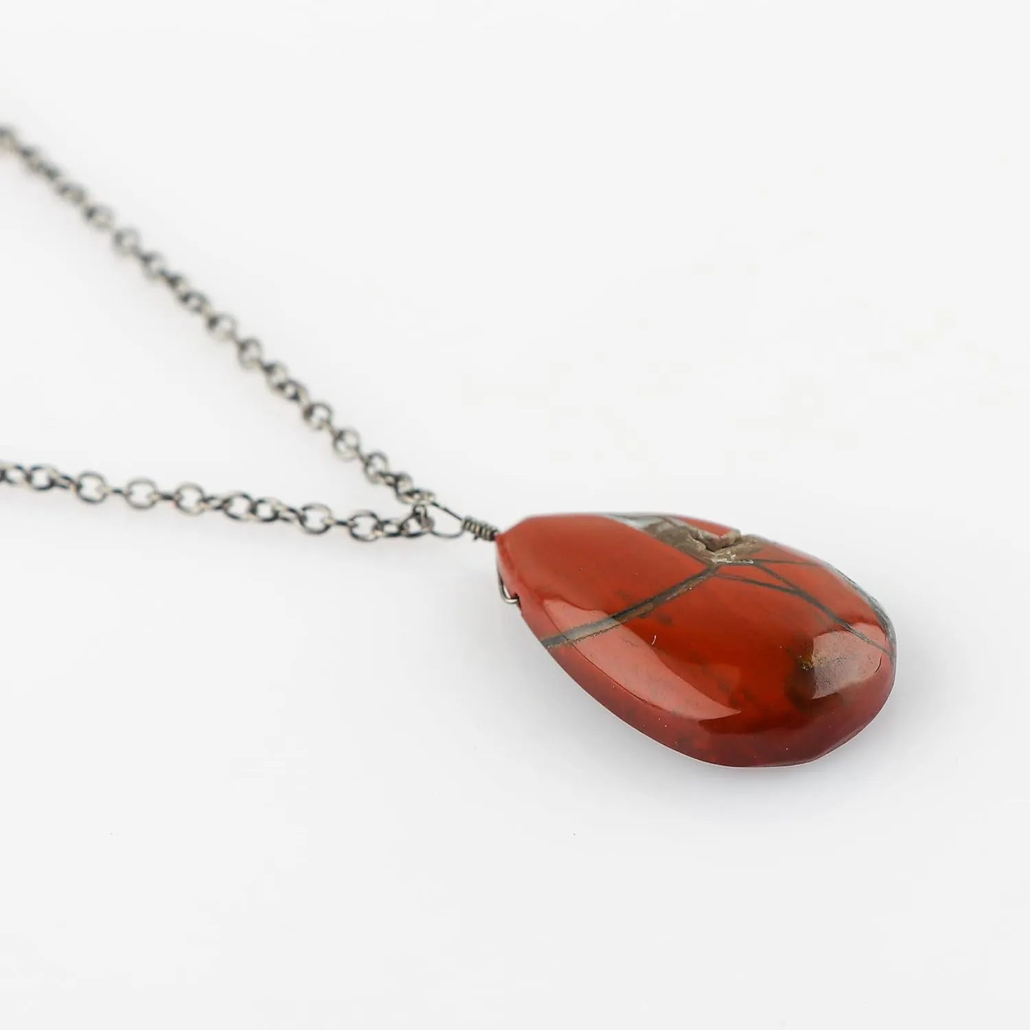 Natural Red Jasper Pear Cabochon Necklace, Gemstone Healing Crystals, Gift for Her, Birthstone Jewelry, 18 inch Black Plated Adjustable Chain, Valentine Day Gift