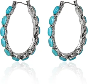 Natural Turquoise Dangle Metal Large Oval Earrings Vintage Statement Teardrop Earrings Bohemian Delicate Hoop Earrings for Women(O)