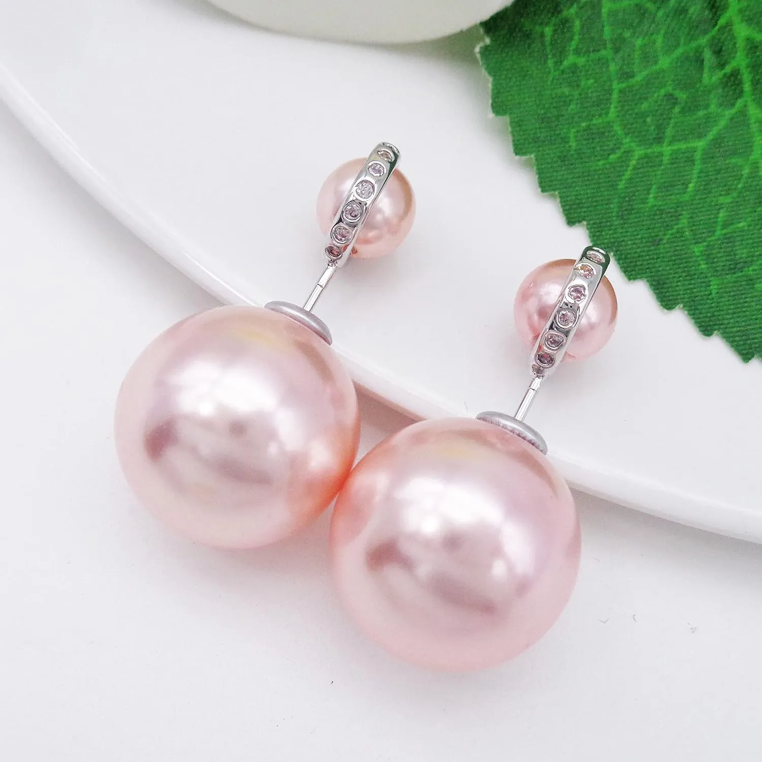 Navachi 18k Gold Plated Double Sided Colorful Faux Pearl Beads Womens Fashion Elegant Candy Stud Earrings